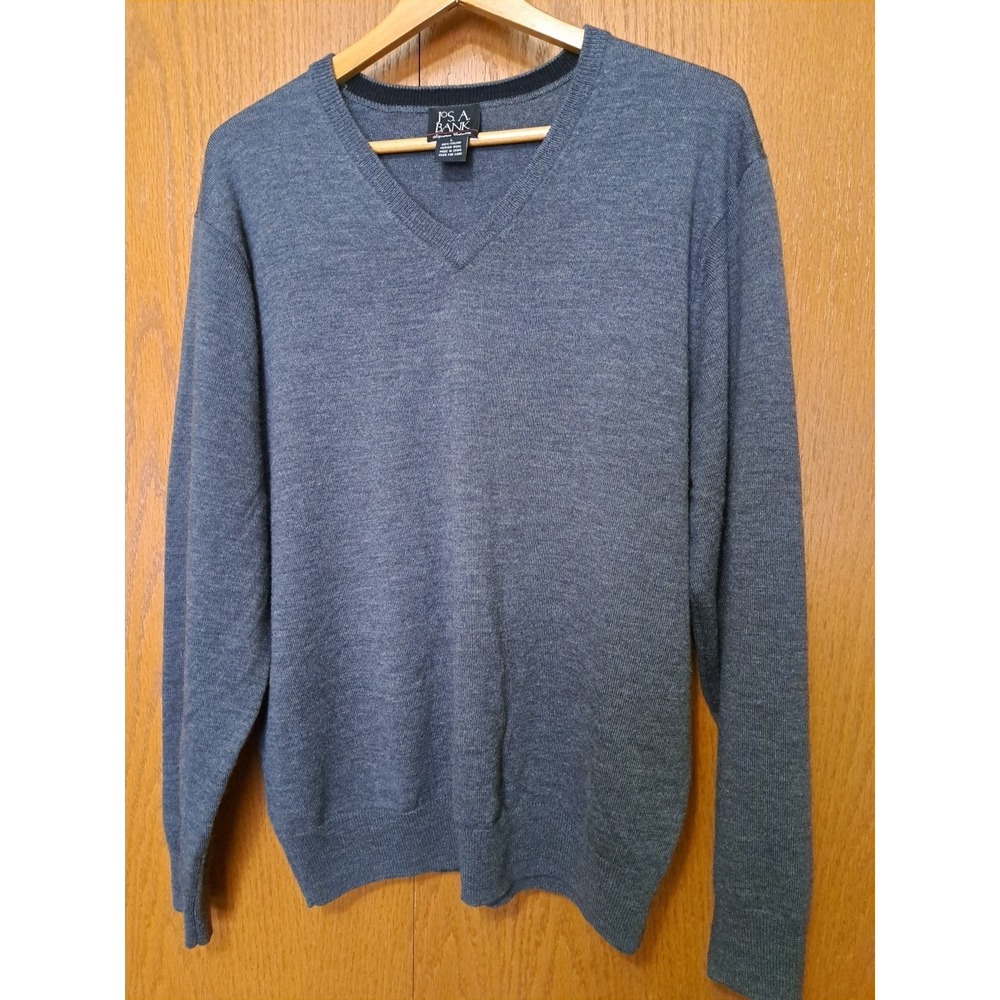 Jos. A. Bank Men's Grey Merino Wool Long Sleeve‎ V-Neck Sweater Pullover Size L